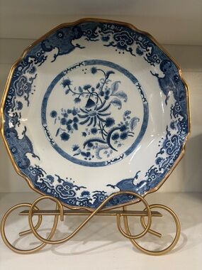 Vintage blue and white porcelain large decorative platter with gold rim